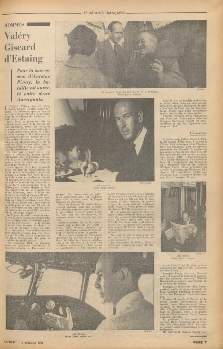 Portrait du ministre des Finances Valéry Giscard d'Estaing dans L'Express du 2 juillet 1964