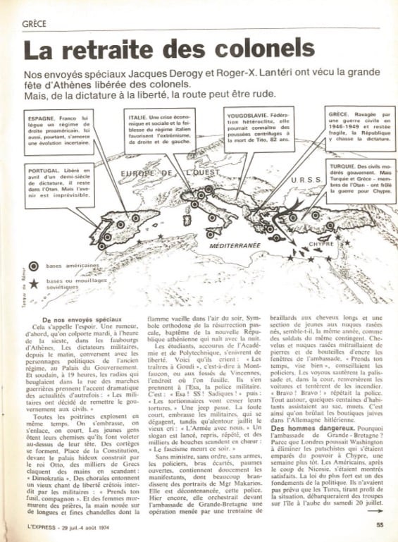 La chute du régime des colonels en Grèce dans L'Express du 29 juillet 1974.