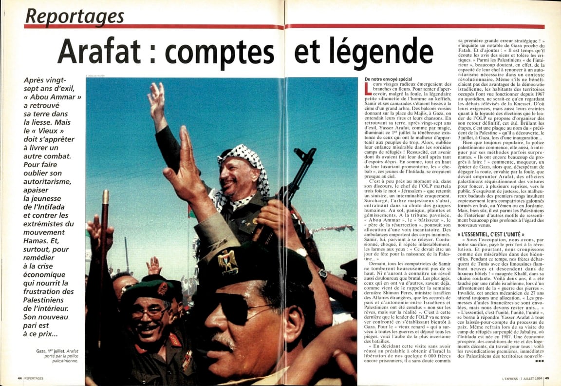 Le retour d'exil de Yasser Arafat dans L'Express du 7 juillet 1994.