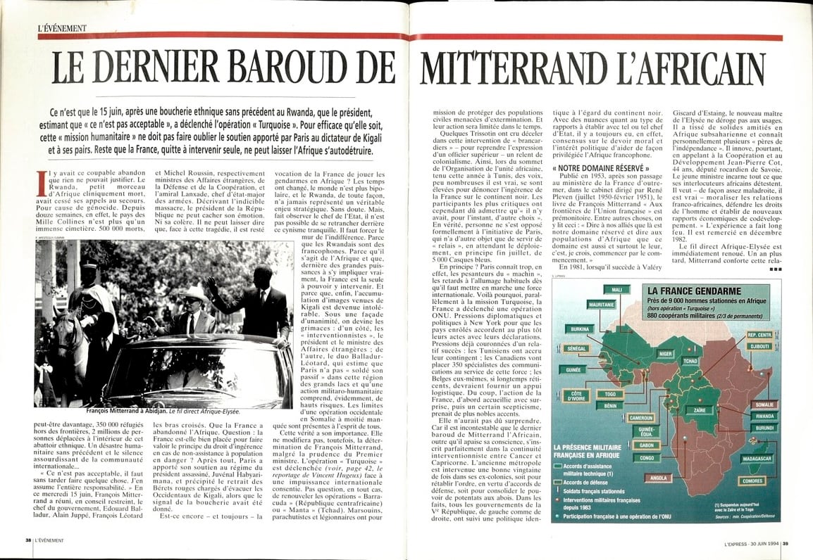 Article sur le déclenchement de l'opération Turquoise au Rwanda. L'Express du 30 juin 1994.