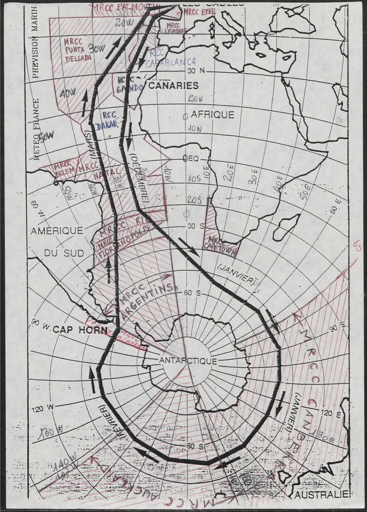 Carte du parcours du premier Vendée Globe Challenge, 1989.