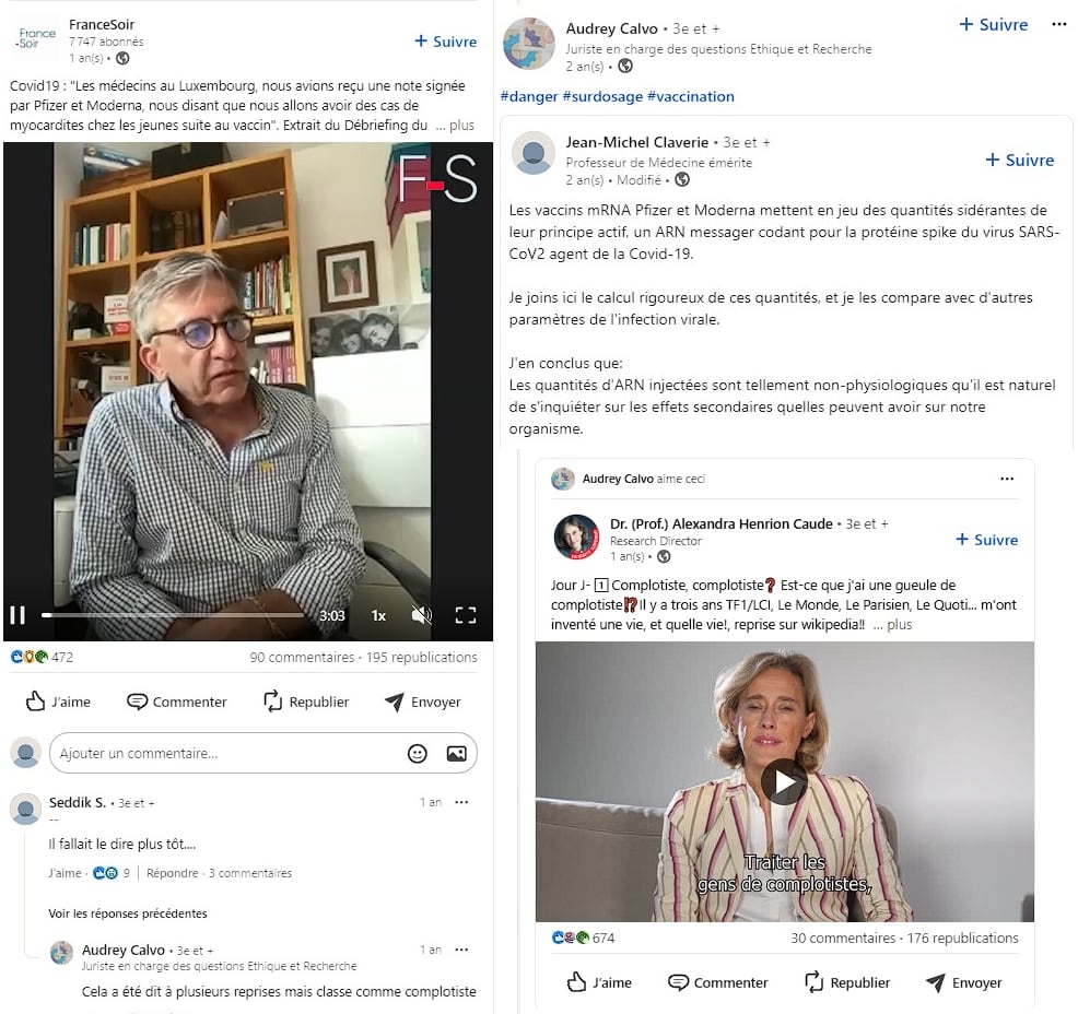 Très active sur LinkedIn, Audrey Calvo affiche sa proximité avec les réseaux complotistes et d'extrême droite.