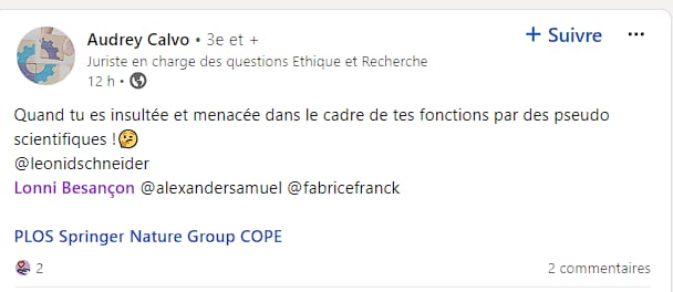 Capture d'écran d'un message, depuis supprimé, d'Audrey Calvo mentionnant Fabrice Frank et d'autres chercheurs qui luttent contre les fraudes scientifiques.