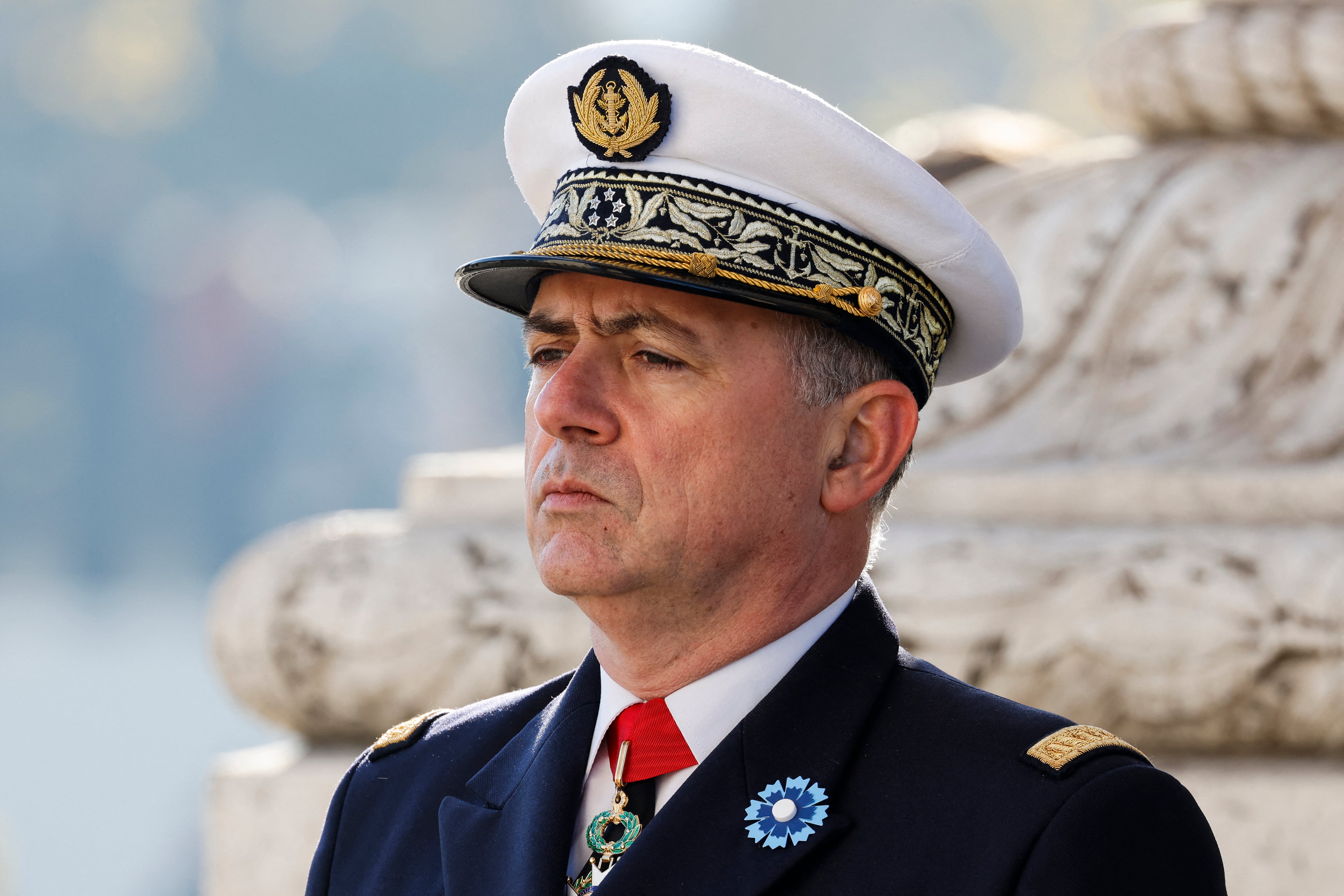 A l'époque chef d'état-major de la marine française, l'amiral Pierre Vandier assiste aux commémorations de l'armistice de 2018 à Paris, le 11 novembre 2021.