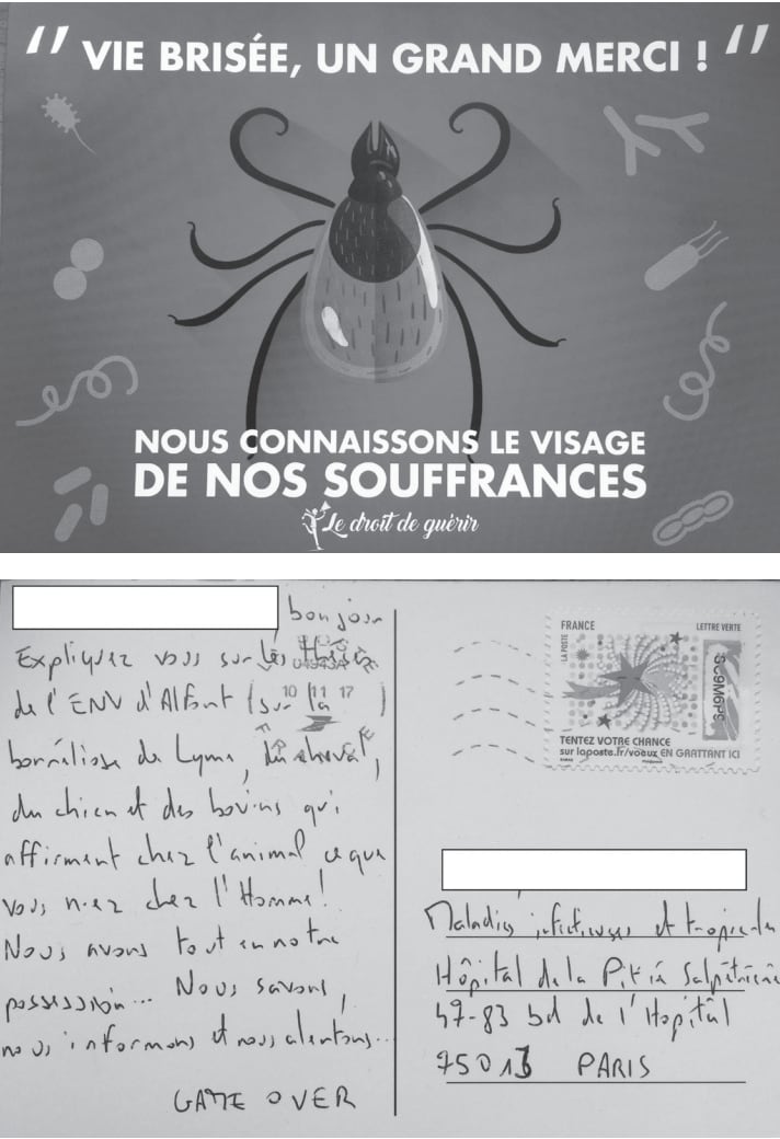 Une des cartes postales pré-imprimées que le Pr. Caumes, comme de nombreux autres spécialistes, a reçue.